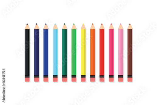 Colorful pencil set vector illustration with erasers in twelve vibrant shades. Ideal for school supplies, stationery, education materials, art projects, creative designs, children’s learning graphics