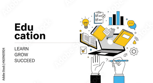 Flat vector illustration of an education concept with books, laptop, graphs, and creative elements. Symbolizing learning, knowledge growth, and academic success.

