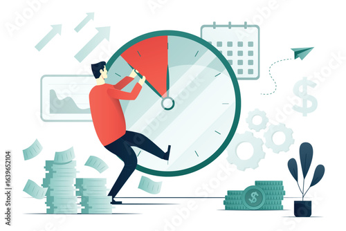 Character is trying to stop time. Deadline concept flat illustration 