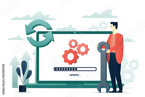 User with spanner and laptop synchronizing. Software update flat style business illustration 