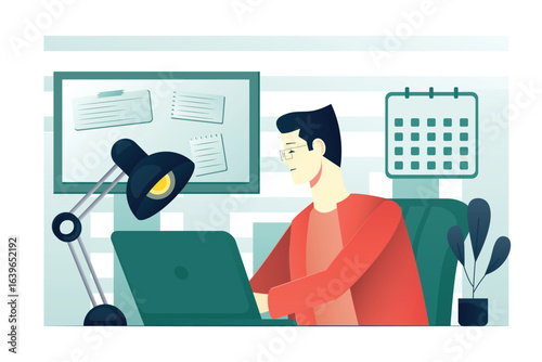 Male character working at desk on laptop. Work in progress concept