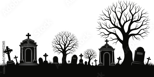 Spooky halloween cemetery silhouette with bare trees and gravestones