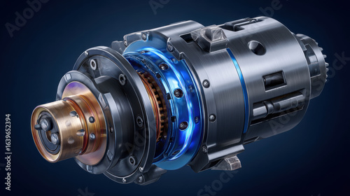 Fototapeta Naklejka Na Ścianę i Meble -  Electric motor with blue rotating light, layered motor, multiple gears, disassembled structure, rotating state, silver and bronze metal, 3D Illustration.