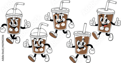 Five cartoon coffee drinks with arms and legs walking together