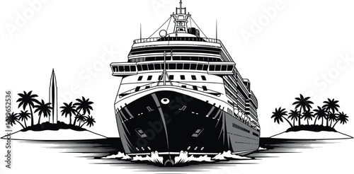 Grand cruise ship sailing between tropical islands with palm trees