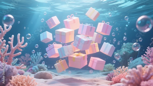 Underwater Scene with Pink Gift Boxes and Coral Reef