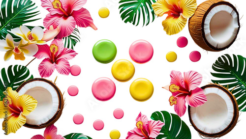 Beijinho candies with tropical flowers and coconut halves, flat vector composition, pastel color scheme