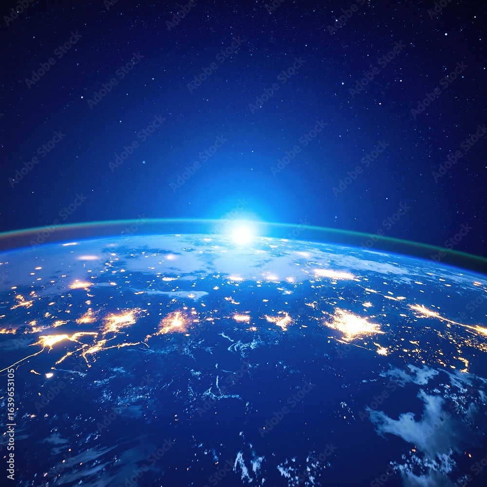 Obraz premium A stunning view of Earth illuminated by a brilliant, radiant light, casting vibrant colors across the atmosphere and highlighting the planet's contours.