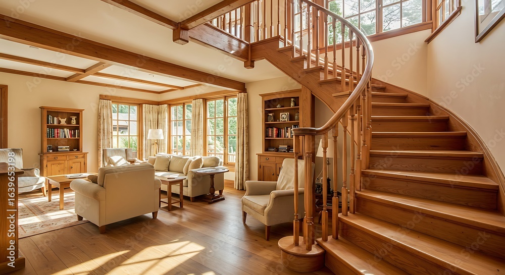 Obraz premium Sunlight Streams Across a Classic Living Room with a Grand Curved Oak Staircase