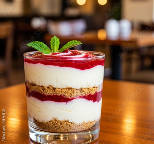 Decadent layered berry dessert with fresh mint garnish in elegant glass