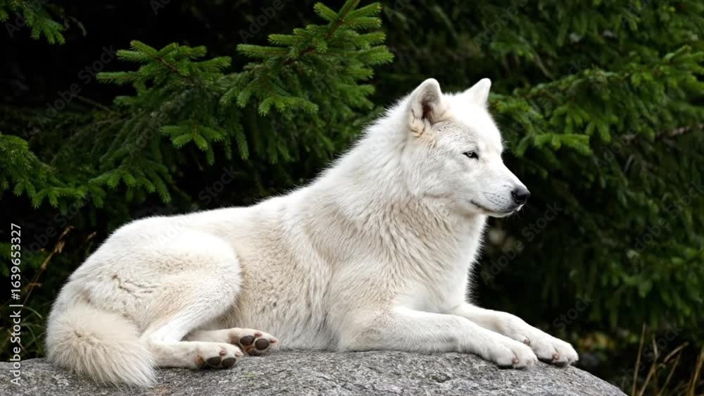 Majestic Arctic white wolf resting on large rock surrounded by lush green pine forest creating serene wildlife nature scene Majestic Arctic white wolf resting on large rock surrounded by lush green pine forest creating serene wildlife nature scene