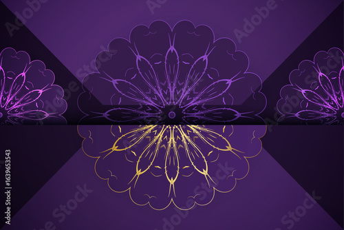 Symmetrical ornate mandala with yellow gold purple concentric patterns and central star element for decoration