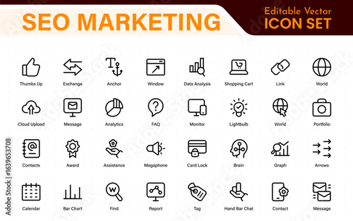 SEO – Search Engine Optimization. Thin‑line icon set for web, digital marketing, ranking, analytics, and website growth. Simple vector symbols for strategy and development.