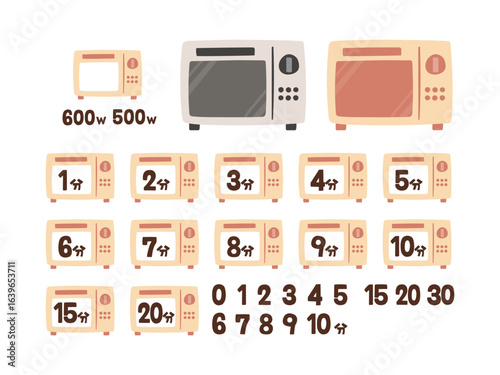 かわいい電子レンジと加熱時間・ワット数の調理アイコンセット