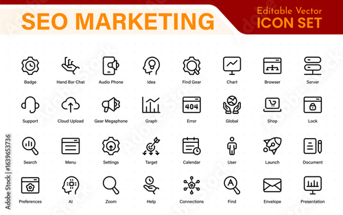 SEO – Search Engine Optimization. Thin‑line icon set for web, digital marketing, ranking, analytics, and website growth. Simple vector symbols for strategy and development.