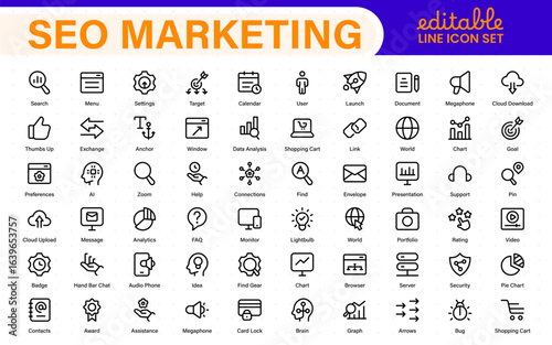 SEO – Search Engine Optimization. Thin‑line icon set for web, digital marketing, ranking, analytics, and website growth. Simple vector symbols for strategy and development.