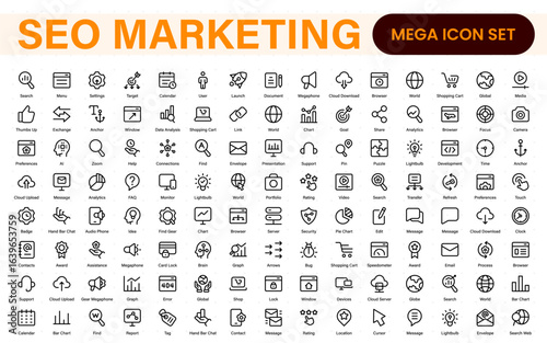 SEO – Search Engine Optimization. Thin‑line icon set for web, digital marketing, ranking, analytics, and website growth. Simple vector symbols for strategy and development.