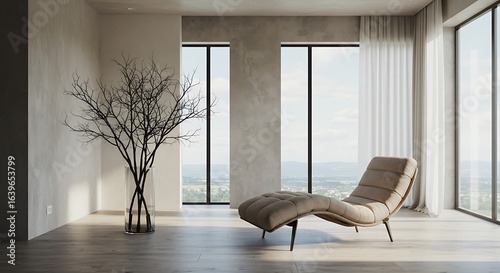 Sunlit Minimalist Sanctuary with Sculptural Branches and a Modern Chaise Lounge