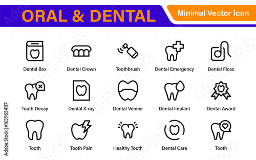 Oral and Dental icon set. Containing tooth, dentist, toothpaste, toothbrush, teeth, implant and dentistry icons. Solid icon collection.