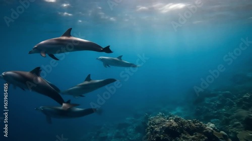 Group of dolphins swimming gracefully underwater in clear blue ocean