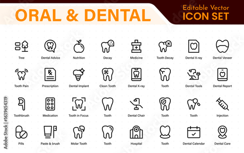 Oral and Dental icon set. Containing tooth, dentist, toothpaste, toothbrush, teeth, implant and dentistry icons. Solid icon collection.