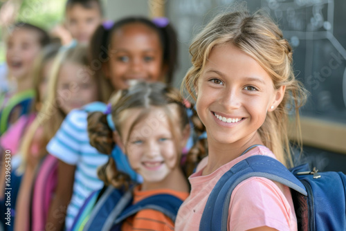 Teacher Welcoming Children on the First Day of School with Smiles and Backpacks