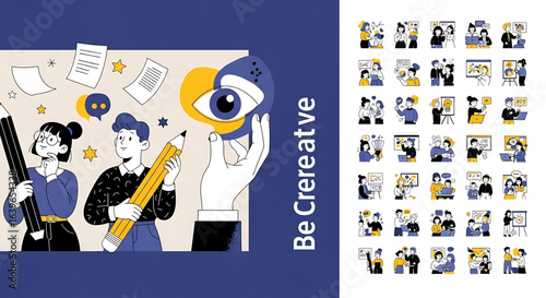 Modern vector illustrations for creative concepts including design, art, and idea generation. Features teamwork, brainstorming, and creative process elements in a flat style.