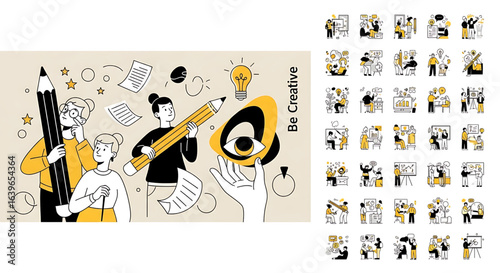Creative concept vector illustrations showing design, art, and idea generation. Includes teamwork, brainstorming, and creative process elements for modern projects.
