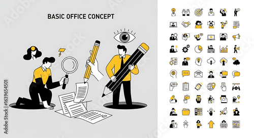 Set of basic office concept vector illustrations with teamwork, planning, business strategy, and productivity themes. Perfect for websites, presentations, and corporate materials.