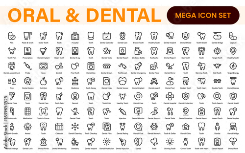 Oral and Dental icon set. Containing tooth, dentist, toothpaste, toothbrush, teeth, implant and dentistry icons. Solid icon collection.