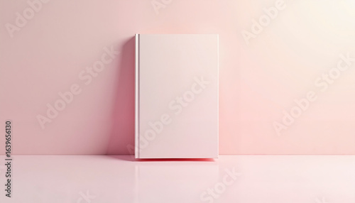 Blank book standing on a glossy surface with pink background  
