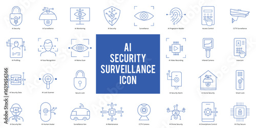 AI security and surveillance icons collection in blue outline style on white background