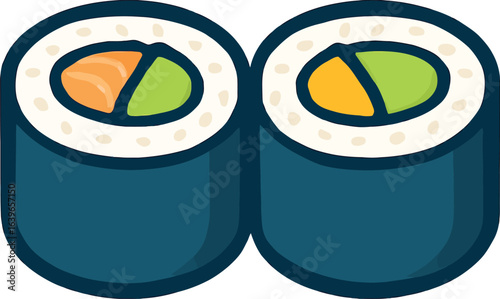 Two maki sushi rolls with salmon and avocado cartoon illustration