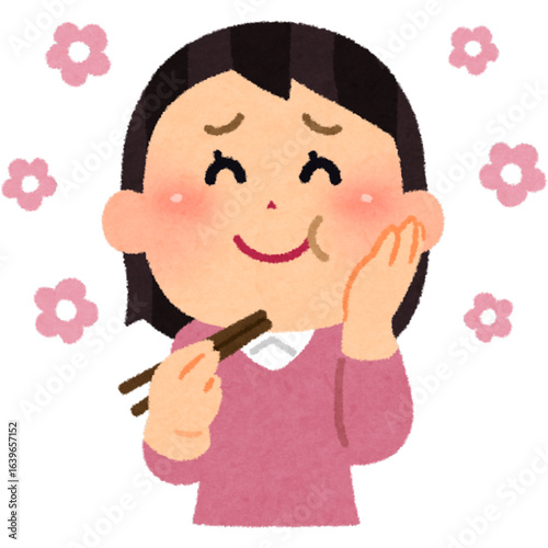 An illustration of a woman with a blissful expression, savoring a delicious bite of food with chopsticks, her cheeks blushing with delight.