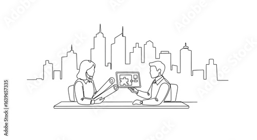 Architectural Plans Collaboration: A line art illustration depicts two architects reviewing a project on a tablet, with building sketches in the background.