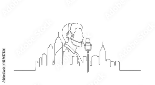 Voice artist in cityscape: A lone voice artist, captured in a single, continuous line, stands before a microphone, headphones on, set against the backdrop of a city skyline.