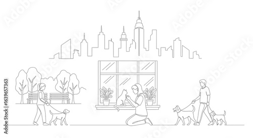 City Life Harmony: A serene illustration captures urban existence, portraying individuals and their companions in various everyday activities. Each element symbolizes unity and quiet life. 