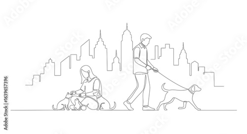 Urban Stroll: A minimalist line art illustration portrays city dwellers enjoying leisure time with their canine companions. Reflecting urban lifestyle.