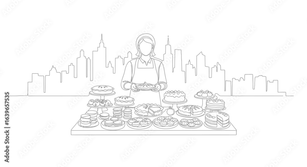 Obraz premium Bakery Delights Display: A bakery stall offers delectable cakes and treats, with a baker standing proudly with a plate, set against a city skyline, celebrating culinary artistry.