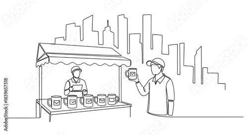 Line Art Urban Vendor: A minimalistic illustration presents a vendor at a stall, interacting with a customer holding a mug. The backdrop features a simplified cityscape.
