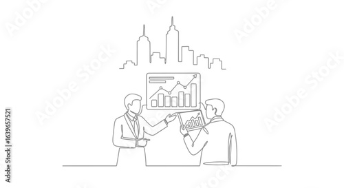 Business collaboration and analysis: This line-art illustration encapsulates a pivotal moment of collaboration. Two professionals are immersed in a detailed analysis of a business strategy.