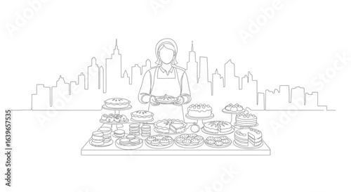 Bakery Delights Display: A bakery stall offers delectable cakes and treats, with a baker standing proudly with a plate, set against a city skyline, celebrating culinary artistry.