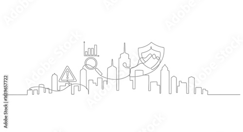 Cityline Security Assurance: A continuous line art depicts urban architecture seamlessly woven with icons of digital security, emphasizing data protection and cybersecurity in a metropolis.