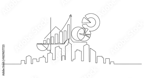 Cityscape with Statistical Insights: This graphic representation depicts an innovative line-art fusion, seamlessly integrating an urban skyline with abstract charts and diagrams.