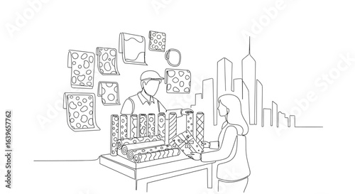 Seeking Inspiration: A customer browses a diverse array of vibrant fabrics in a boutique with cityscape in the background, capturing the essence of choice and style.