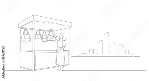 Street Vendor: The image features a street vendor arranging handmade items on display. A city skyline sets the backdrop. 