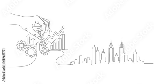 Urban Growth & Strategic Design: A continuous line illustration depicts a hand manipulating gears and data, symbolizing strategic urban growth and planning.