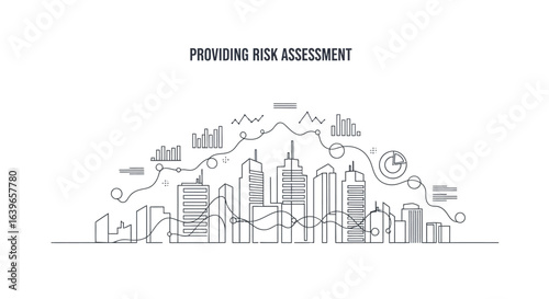 Risk Assessment for Skyscrapers: A minimalist illustration of a cityscape with skyscrapers and data-driven visuals, representing the critical concept of risk assessment in urban environments.