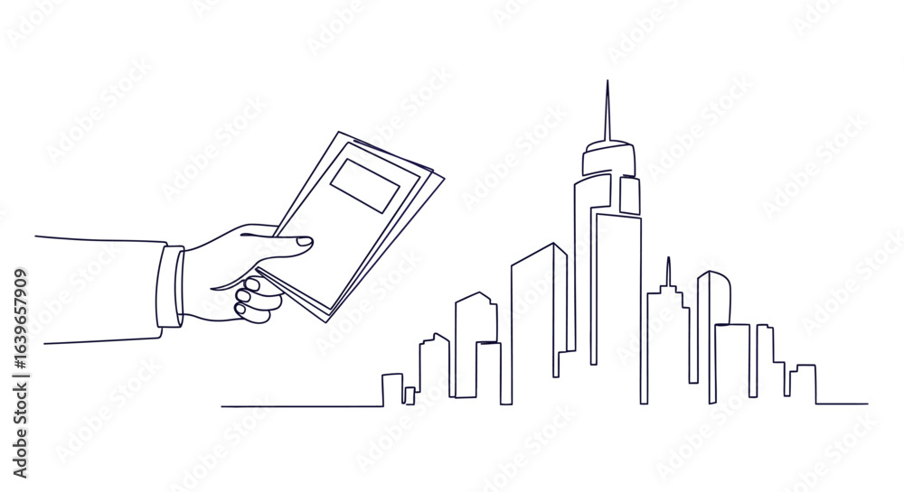 Obraz premium Hand holding brochures in front of skyline: A continuous line art depicts a hand gracefully presenting brochures before a modern cityscape, evoking a sense of urban progress and professional service.