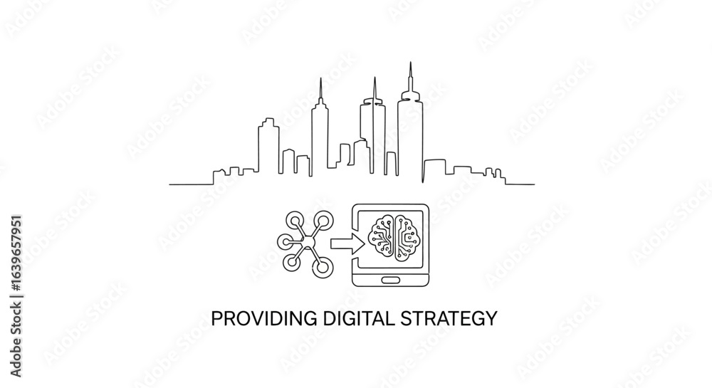 Fototapeta premium Digital Strategy: A line art composition illustrating digital strategy, integrating cityscape, technology, and the concept of a strategic process. Emphasizing innovation and progress.